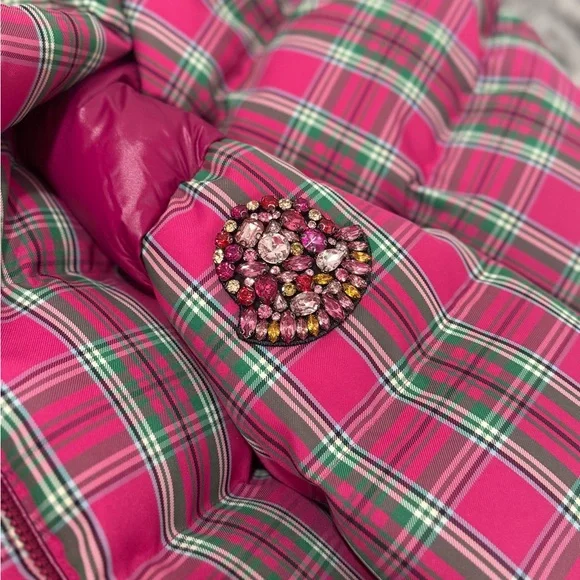 Moncler Vibrant Pink and Green Plaid Kids Puffer Jacket - Picture 6 of 6
